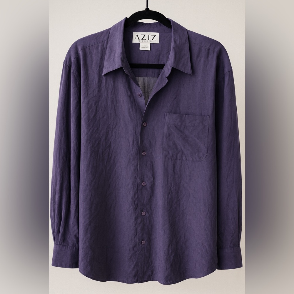 💜 Vintage 90s AZIZ 100% Silk Button Down Blouse | Purple | Oversized 💜